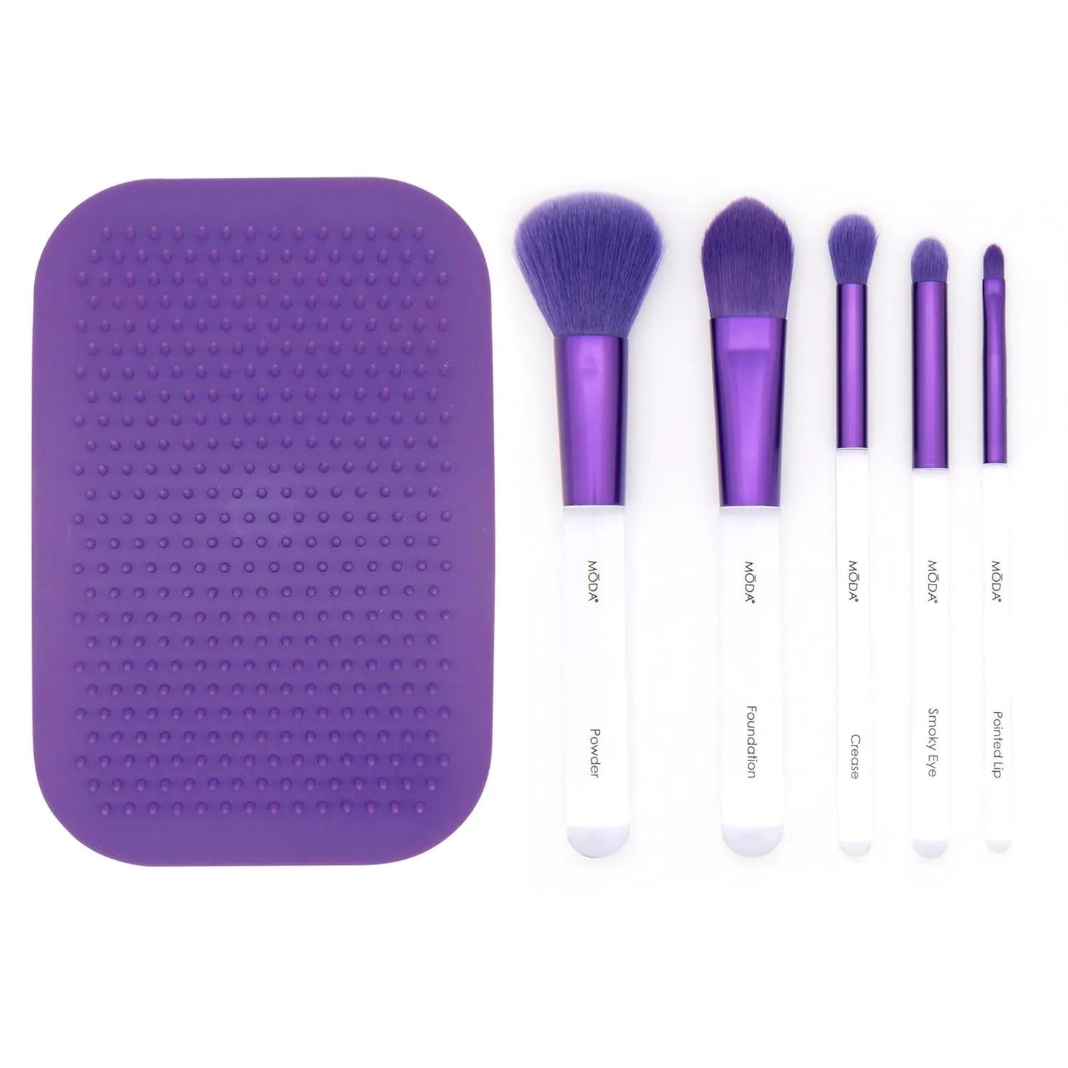 MODA Next Gen: Purple Full Face Kit – 6pc Essential Face, Eye & Lip Brushes with Purple Scrubby Pad – Vegan, Cruelty-Free