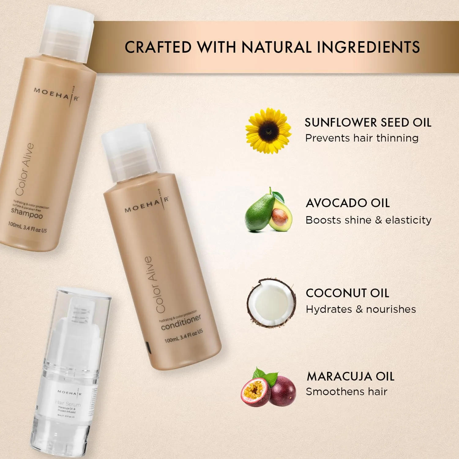 MOEHAIR Travel Pack for Colored Hair - Color Alive Shampoo, Conditioner, and Hair Smoothening Serum | Complete Haircare Solution