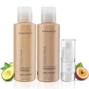 MOEHAIR Travel Pack for Colored Hair - Color Alive Shampoo, Conditioner, and Hair Smoothening Serum | Complete Haircare Solution