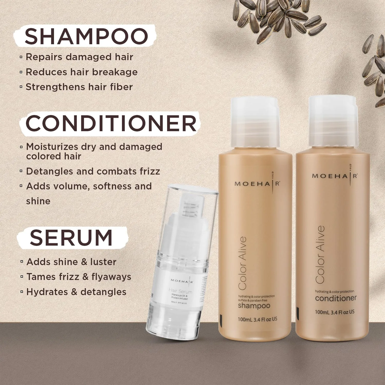 MOEHAIR Travel Pack for Colored Hair - Color Alive Shampoo, Conditioner, and Hair Smoothening Serum | Complete Haircare Solution