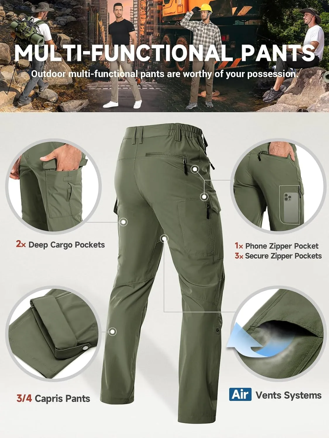 Moosehill Men's Hiking Cargo Pants Lightweight Water-Resistant Quick Dry for Tactical Work Fishing Golf Travel Outdoor Casual