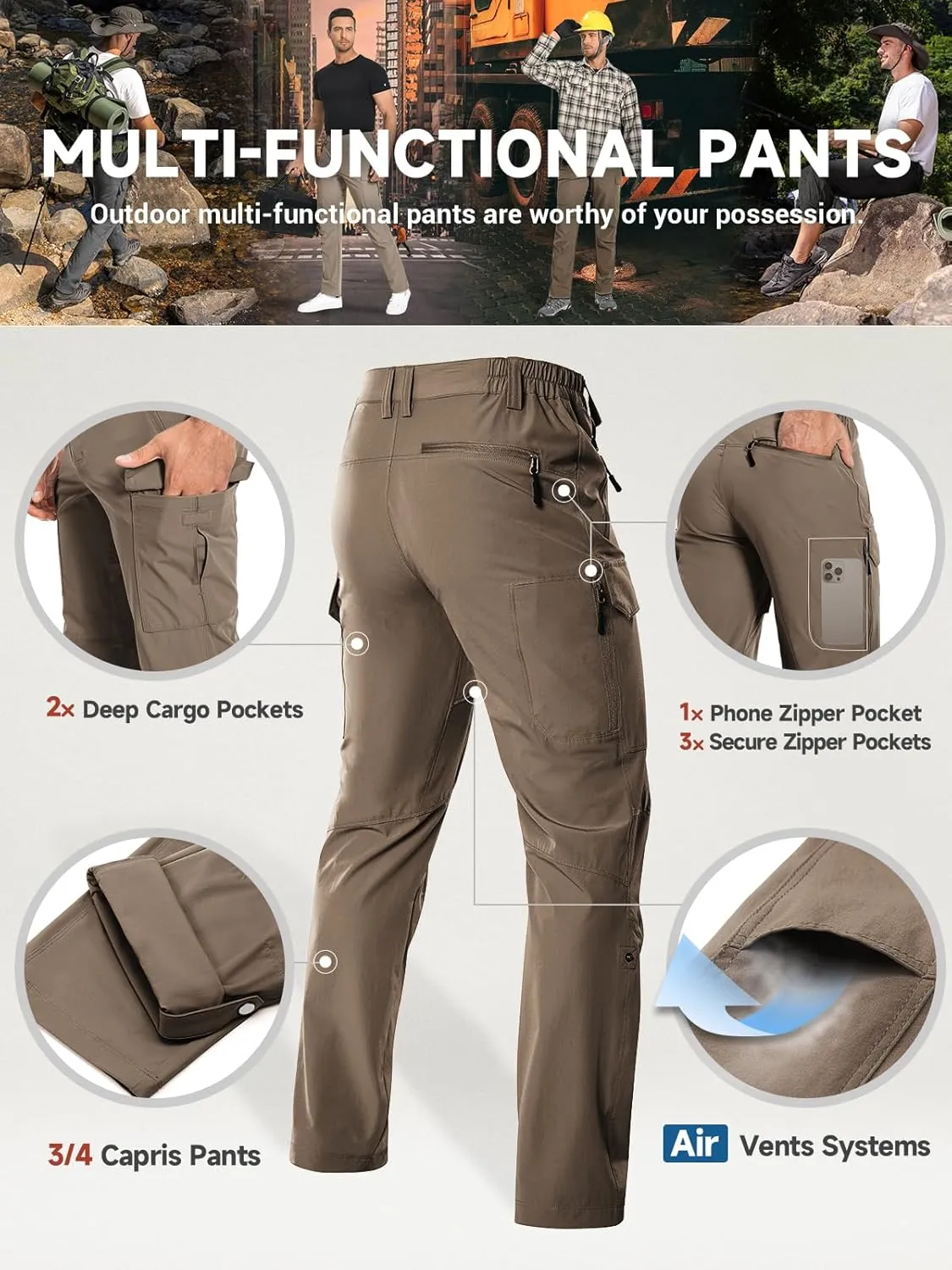 Moosehill Men's Hiking Cargo Pants Lightweight Water-Resistant Quick Dry for Tactical Work Fishing Golf Travel Outdoor Casual