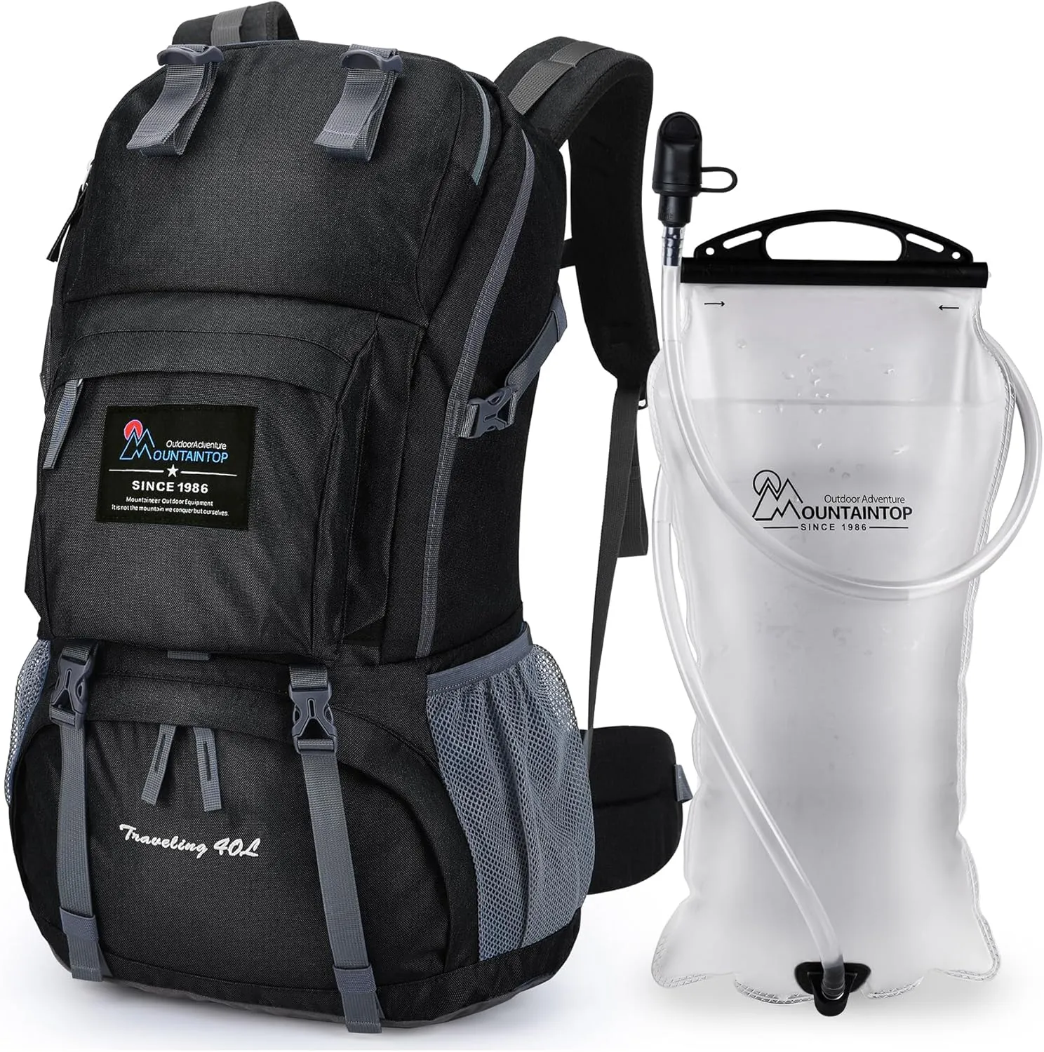 MOUNTAINTOP 40L Hiking Backpack with 3L Hydration Bladder for Women & Men Outdoor Travel Camping Day Pack with Rain Cover, 21.7 x 13 x 7.9 in,Black