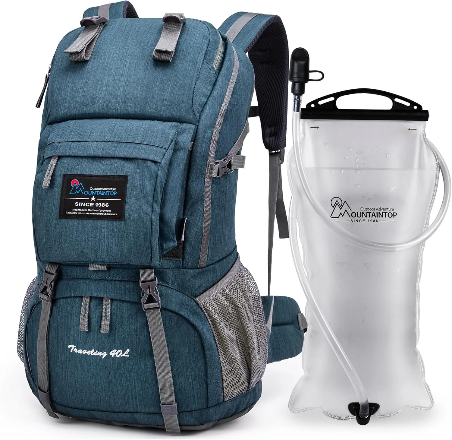 MOUNTAINTOP 40L Hiking Backpack with 3L Hydration Bladder for Women & Men Outdoor Travel Camping Day Pack with Rain Cover, 21.7 x 13 x 7.9 in,Blue Sky