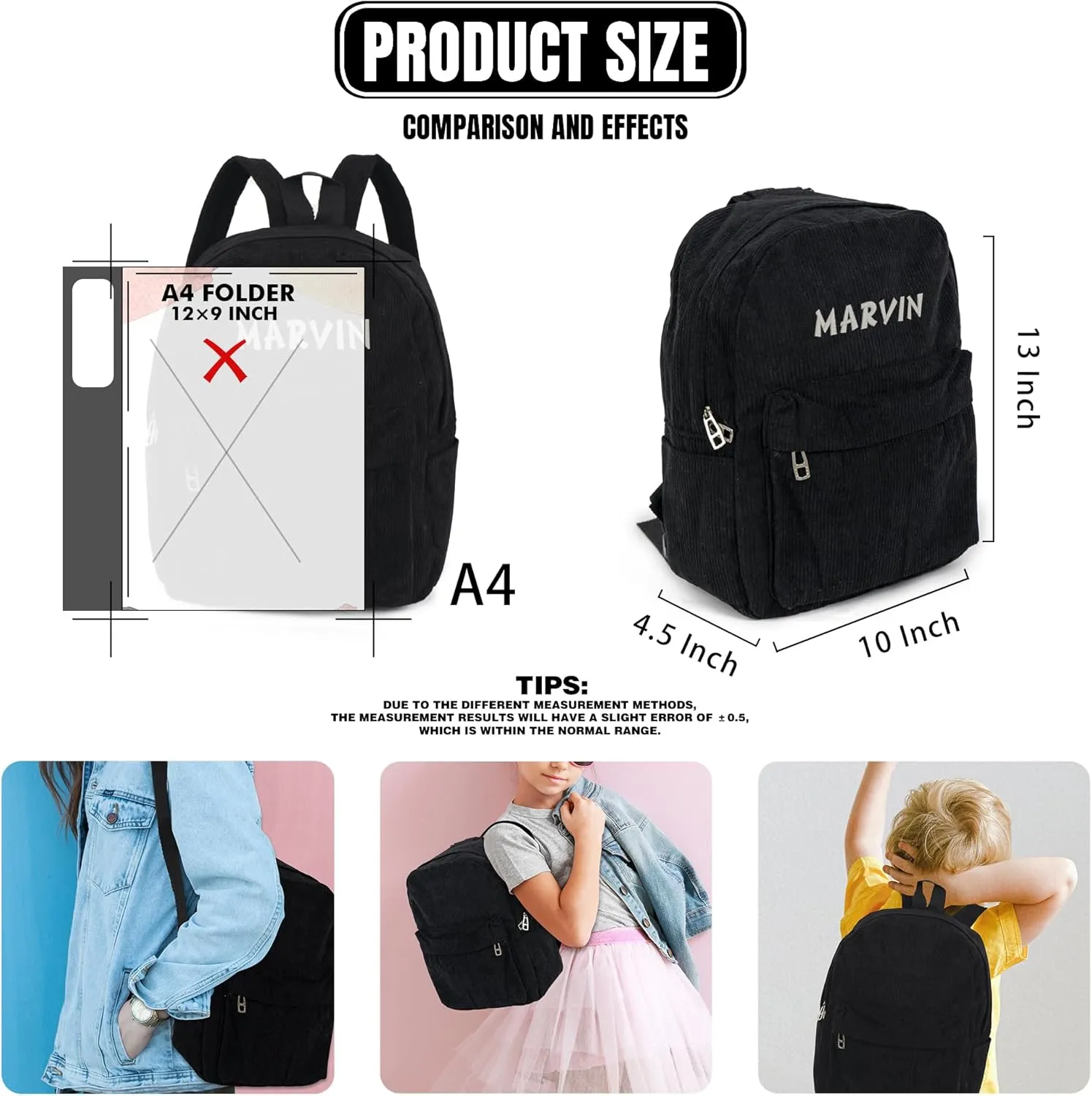 MT WORLD Personalized Toddler Backpack - Monogrammed Black Corduroy Mini Backpack with Customized Name Embroidery