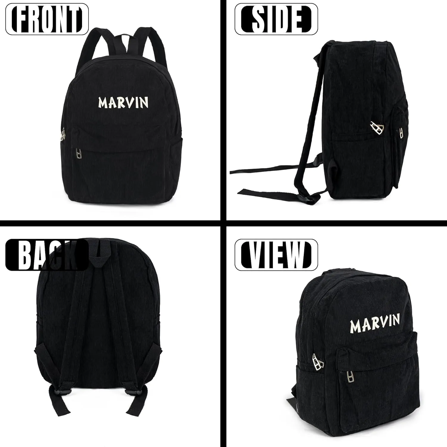 MT WORLD Personalized Toddler Backpack - Monogrammed Black Corduroy Mini Backpack with Customized Name Embroidery