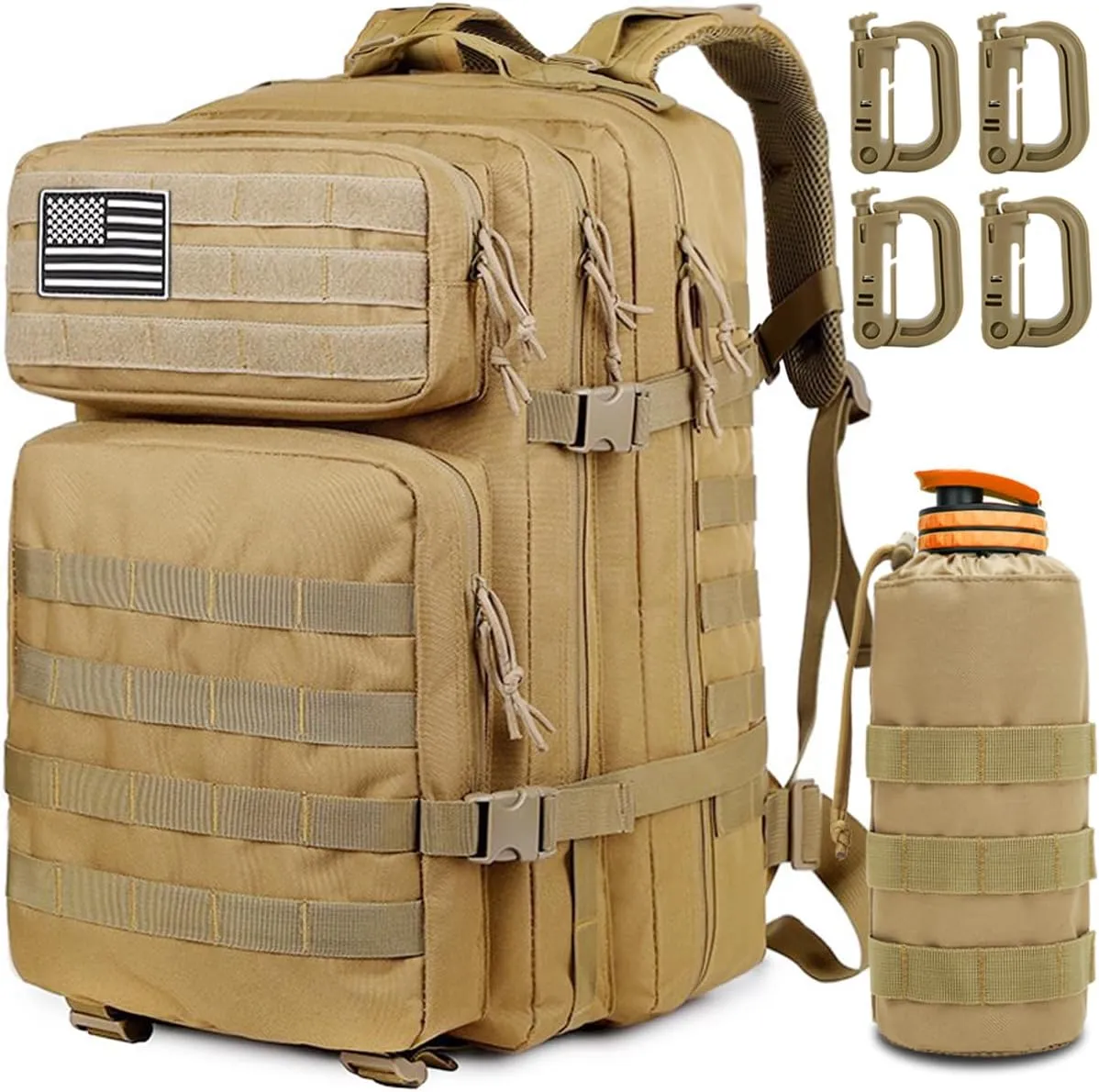 MUCHER 45L Military Tactical Backpack For Men with Bottle Holder and 4 Carabiners Molle Backpack EDC Large 3Day Army Rucksack (Khaki)