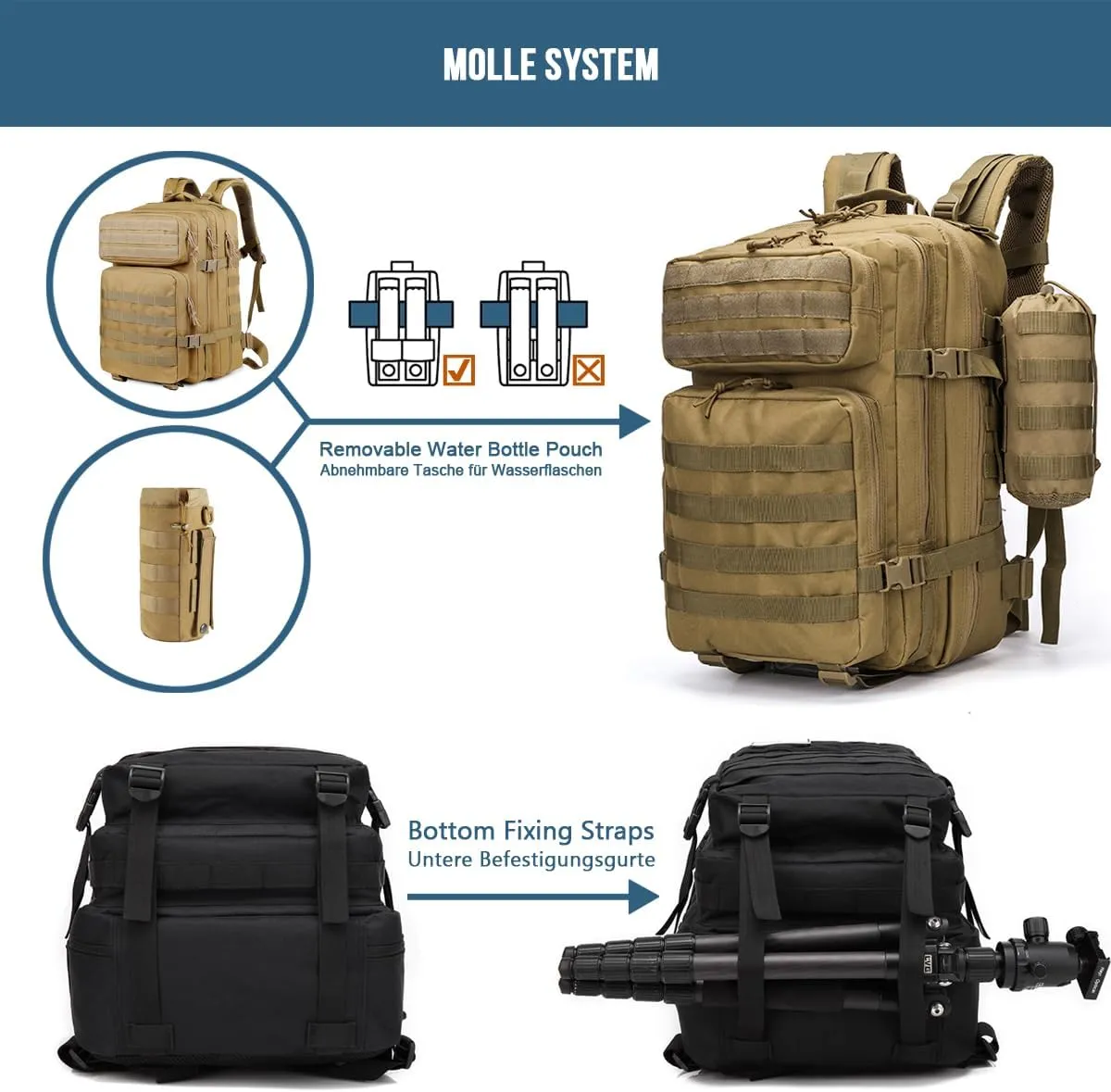 MUCHER 45L Military Tactical Backpack For Men with Bottle Holder and 4 Carabiners Molle Backpack EDC Large 3Day Army Rucksack (Khaki)