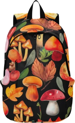 Mushrooms Autumn Leaves Black Backpack for Girls Bookbag Everyday Cute Backpacks for Women Casual