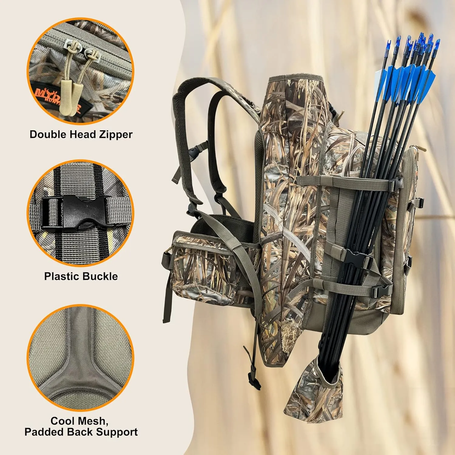 MYDAYS Hunting Backpack, Gear for Turkey Season, Compound Bow Pack， Durable Large Capacity Hunting Day Pack for Outdoor Rifle Bow Gun