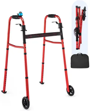 Narrow Walker with Storage Bag, Height Adjustable, Lightweight Folding, for Seniors & Disabled, Up to 350 lbs，Compact Standard Walker (Red)
