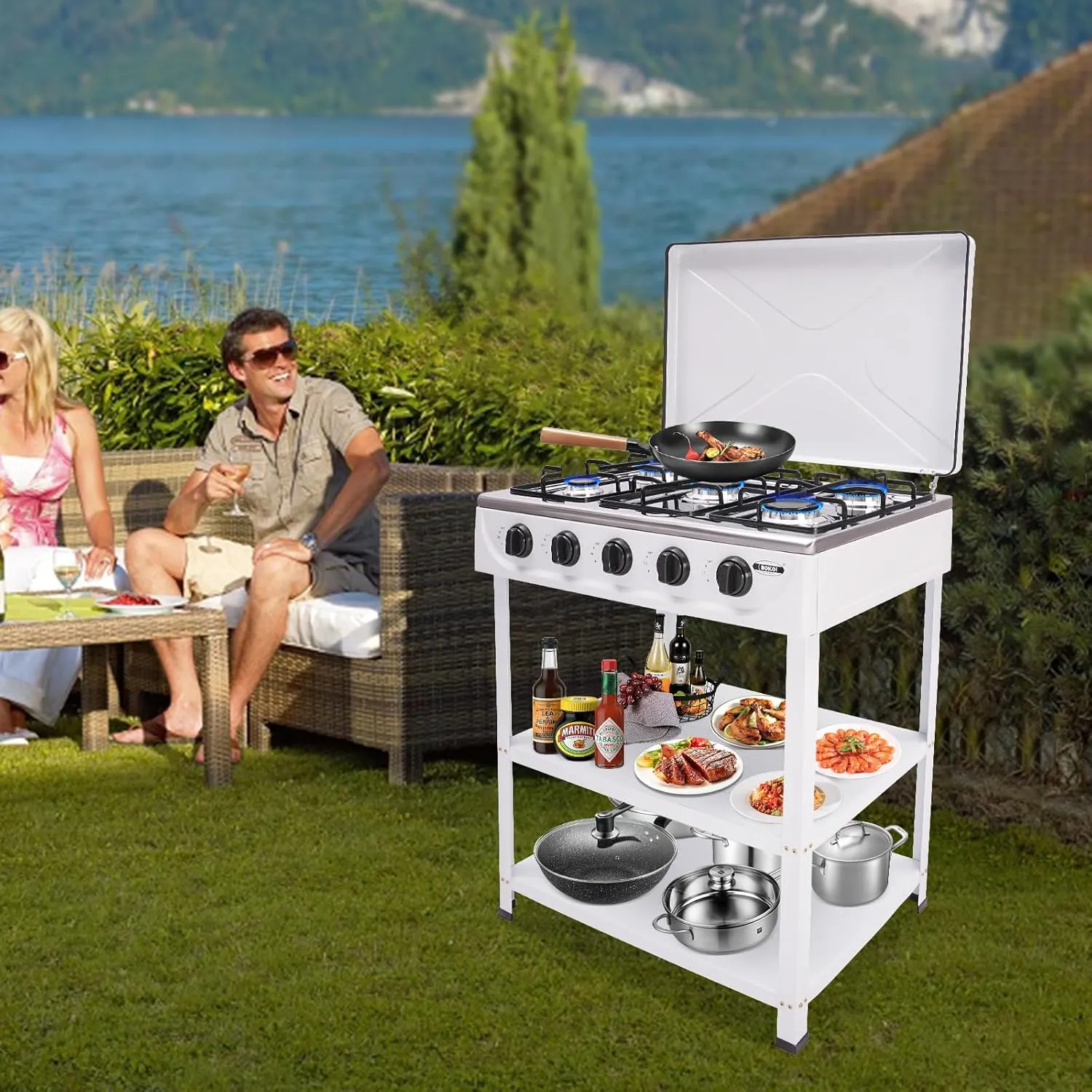 Natural Gas Stove, 5-Burner Portable With Support Leg Stand and Wind Blocking Cover, Auto Ignition Camping for RV, Apartment, Outdoor Cooking (White)