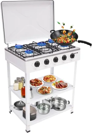 Natural Gas Stove, 5-Burner Portable With Support Leg Stand and Wind Blocking Cover, Auto Ignition Camping for RV, Apartment, Outdoor Cooking (White)