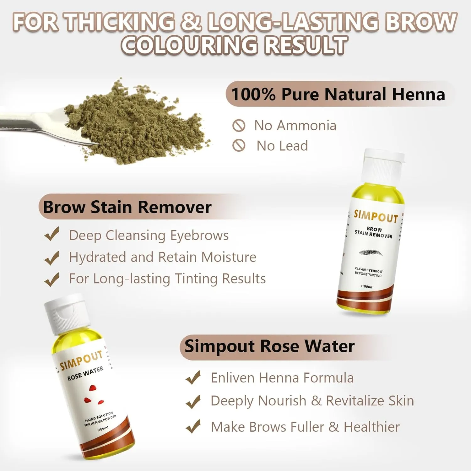 Natural Henna Hair Kit - Henna Powder with Rose Water & Brow Stain Remover, No Ammonia, No Lead, Professional Henna Kit for Salon & Home Use (Black)