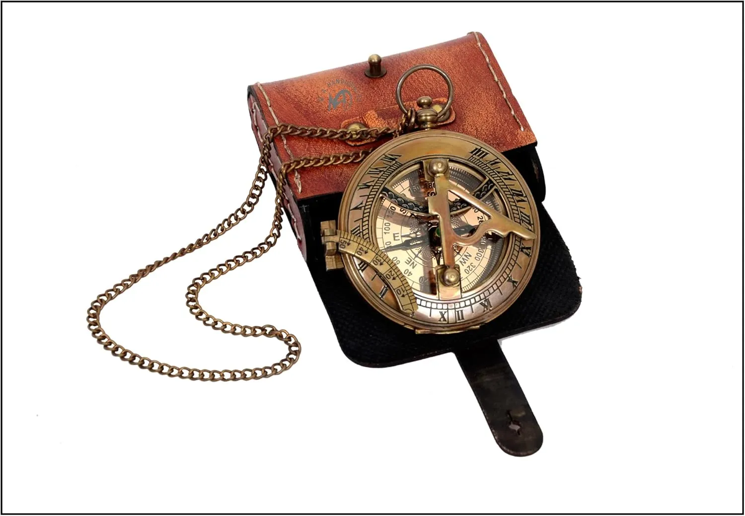 Nautical Antique Brass Working Sundial Compass with Leather Marine Vintage Navigational Magnetic Push Button Pocket Compass Gift for Her, Him, Christmas, New Year