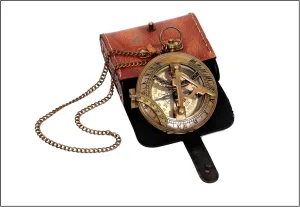 Nautical Antique Brass Working Sundial Compass with Leather Marine Vintage Navigational Magnetic Push Button Pocket Compass Gift for Her, Him, Christmas, New Year