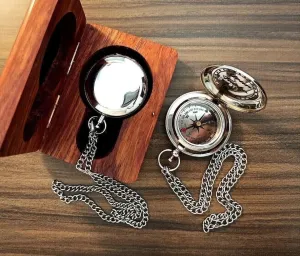 Nautical Brass Compass with Wooden Box Vintage Maritime Navigation Gift with Silver Push Button