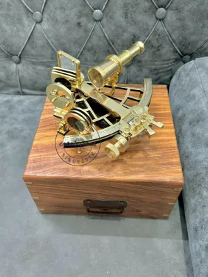 Nautical Brass Working Sextant, Astrolabe Ship Instrument Navigational Brass Sextant with Box, Maritime Masterpiece Navigational Device Gift, 9 Inch, Brass/ Brown