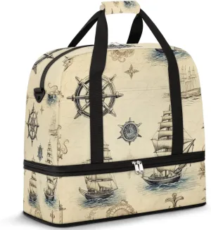 Nautical Compass Travel Duffel Bag for Women Men, Compass Sailboat Sports Gym Bag with Shoes Compartment Foldable Overnight Bag Weekender Tote Workout Carry On Luggage Bag