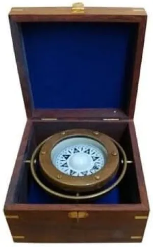 nauticalshoppee Antique Brass 5" Gimbal Compass with Wooden Case – Vintage Nautical Maritime, Functional Navigation Tool for Hiking, Camping and Travel Use