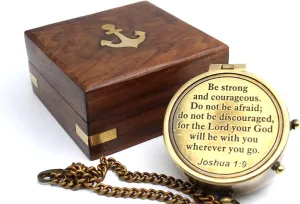 nauticalshoppee Be Strong and Courageous Compass – Antique Nautical Magnetic Compass with Engraved Quote – Baptism Gift with Wooden Box for Son, Father and Loved One
