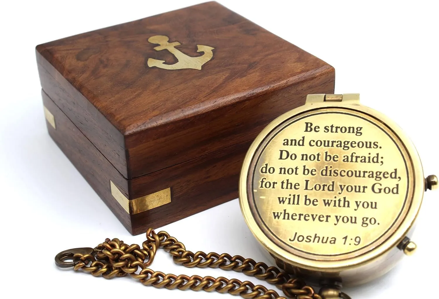 nauticalshoppee Be Strong and Courageous Compass – Antique Nautical Magnetic Compass with Engraved Quote – Baptism Gift with Wooden Box for Son, Father and Loved One