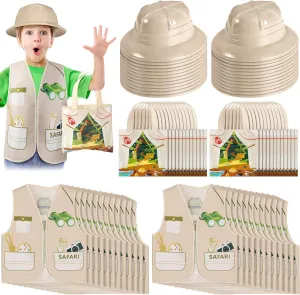 Newcotte 72 Pcs Kids Explorer Costume Toy Include 24 Kids Safari Vests 24 Party Plastic Safari Hats 24 Tote Bag Bulk for Explorer Jungle Party