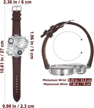 NICERIO Mens Big Face Watches - Cool Wrist Watch Genuine Leather Strap Dual Time Zone Sport Watch Analog Quartz Display with Thermometer Compass