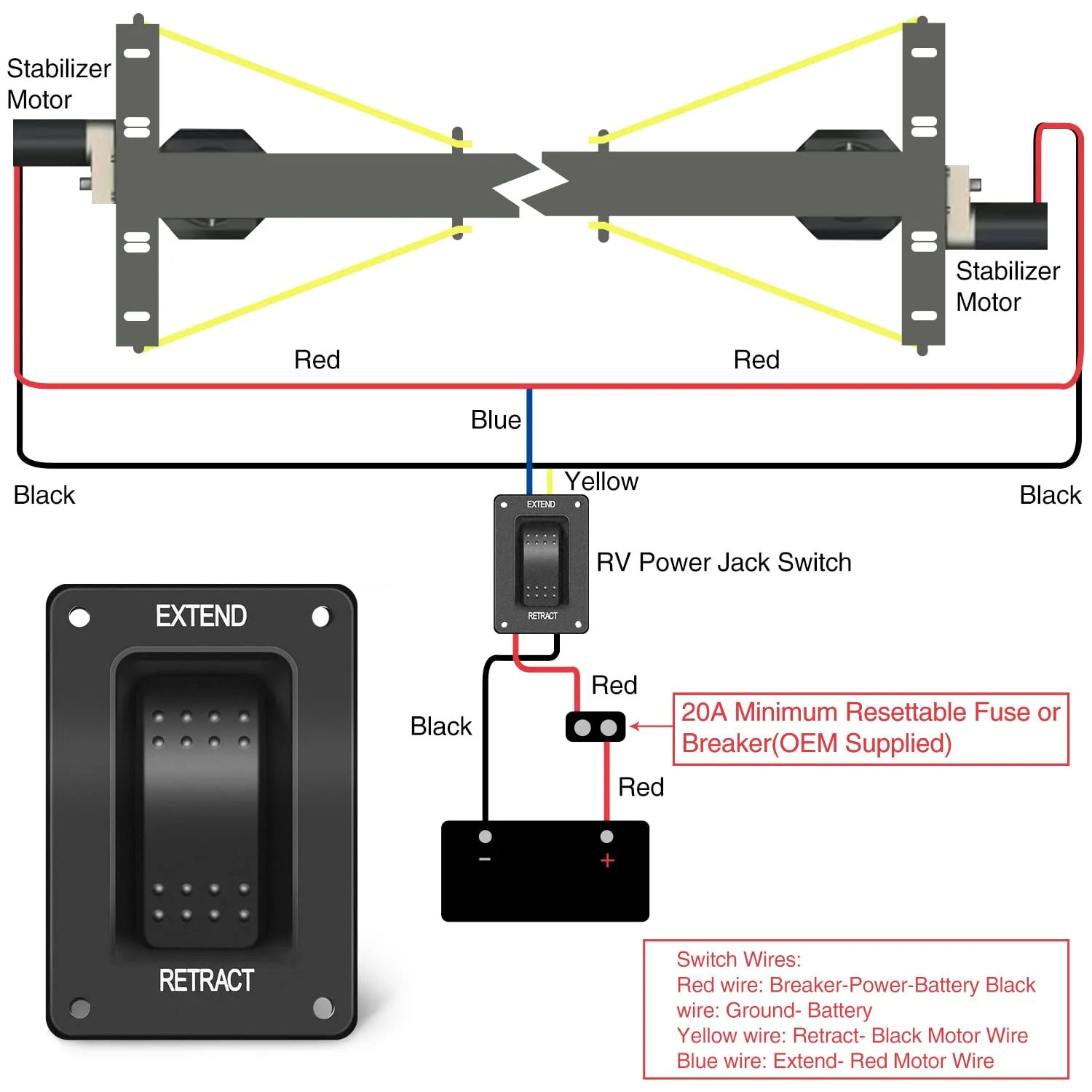 Nilight RV Electric Stabilizer Jack Switch Power Rocker Switches Extend Retract ON Off ON Momentary Waterproof with Harness for Trailer Boat Truck Linear Actuator