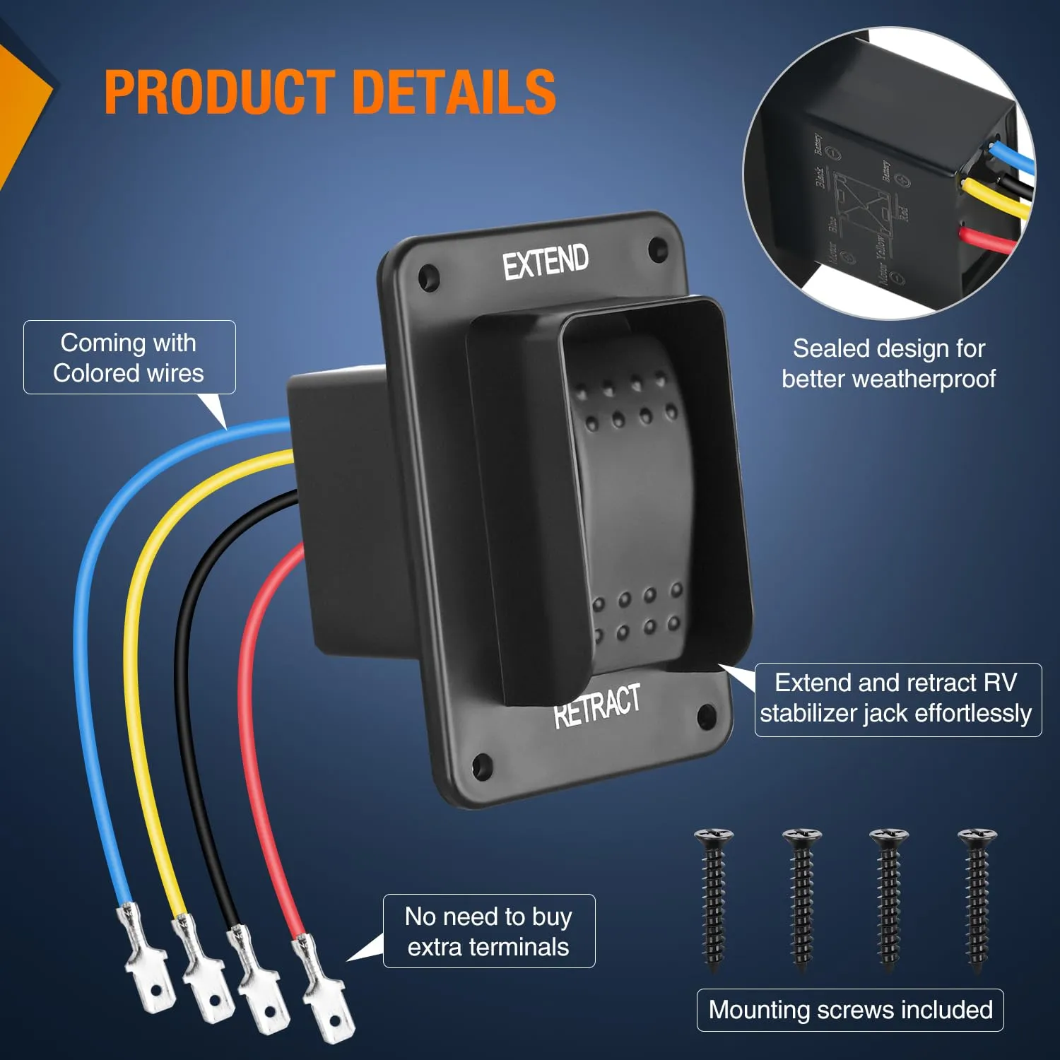 Nilight RV Electric Stabilizer Jack Switch Power Rocker Switches Extend Retract ON Off ON Momentary Waterproof with Harness for Trailer Boat Truck Linear Actuator