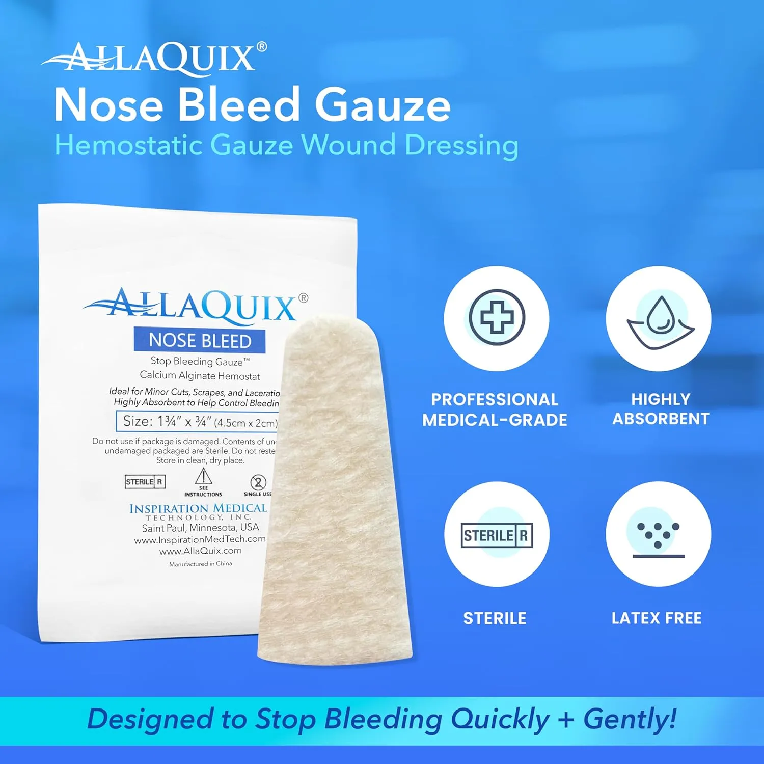 Nose Bleed Stopper – Hemostatic Gauze Plugs Made with Calcium Alginate (Box of 12) – Fast Relief for Nosebleeds | Highly Absorbent, Soft, Sterile, Safe for Blood Thinners