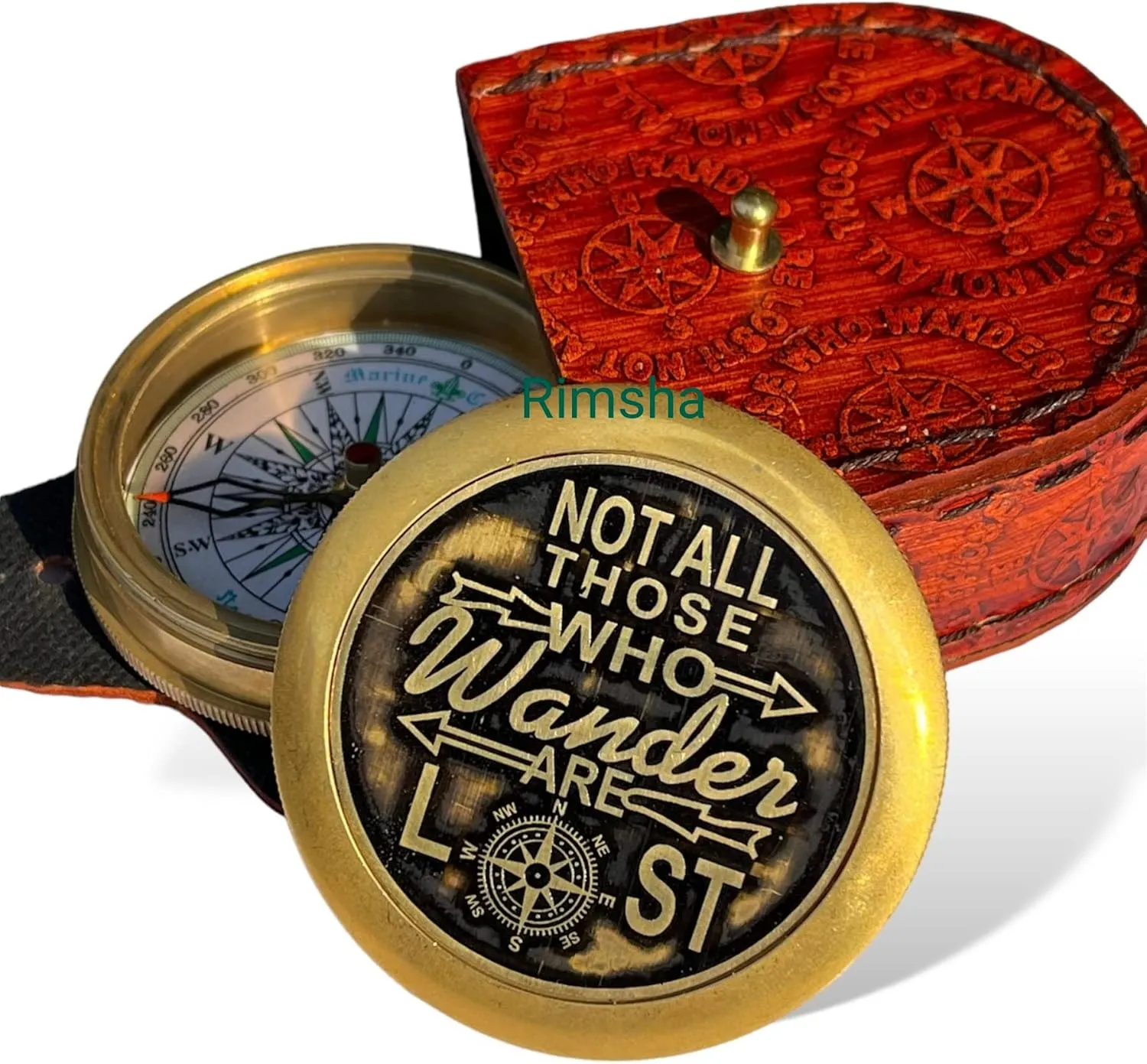 Not All Those Who Wander are Lost Brass Gift Engraved Compass with Leather case, Graduation Day Baptism Communion Confirmation Day Motivational LOTR J.R.R. Tolkien