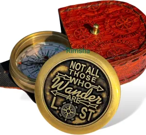 Not All Those Who Wander are Lost Brass Gift Engraved Compass with Leather case, Graduation Day Baptism Communion Confirmation Day Motivational LOTR J.R.R. Tolkien