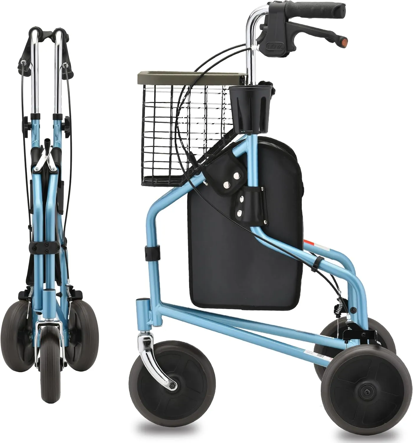 NOVA 3 Wheel Rollator Walker – All Terrain Folding Walker for Seniors, Lightweight Mobility Aid with Bag, Basket & Tray – Adult Rolling Walker with Wheels, Sky Blue