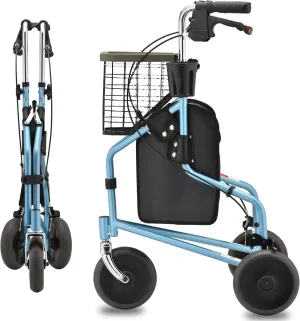 NOVA 3 Wheel Rollator Walker – All Terrain Folding Walker for Seniors, Lightweight Mobility Aid with Bag, Basket & Tray – Adult Rolling Walker with Wheels, Sky Blue