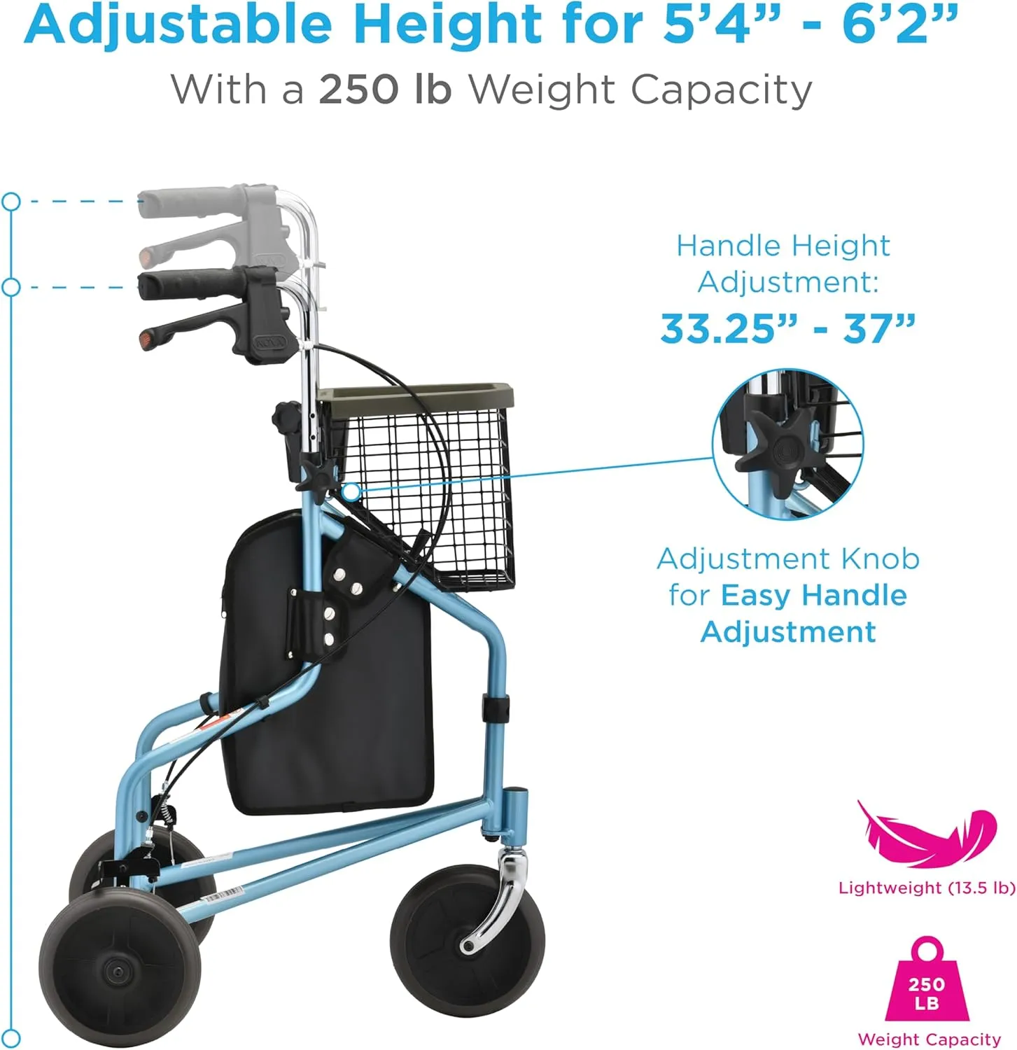 NOVA 3 Wheel Rollator Walker – All Terrain Folding Walker for Seniors, Lightweight Mobility Aid with Bag, Basket & Tray – Adult Rolling Walker with Wheels, Sky Blue