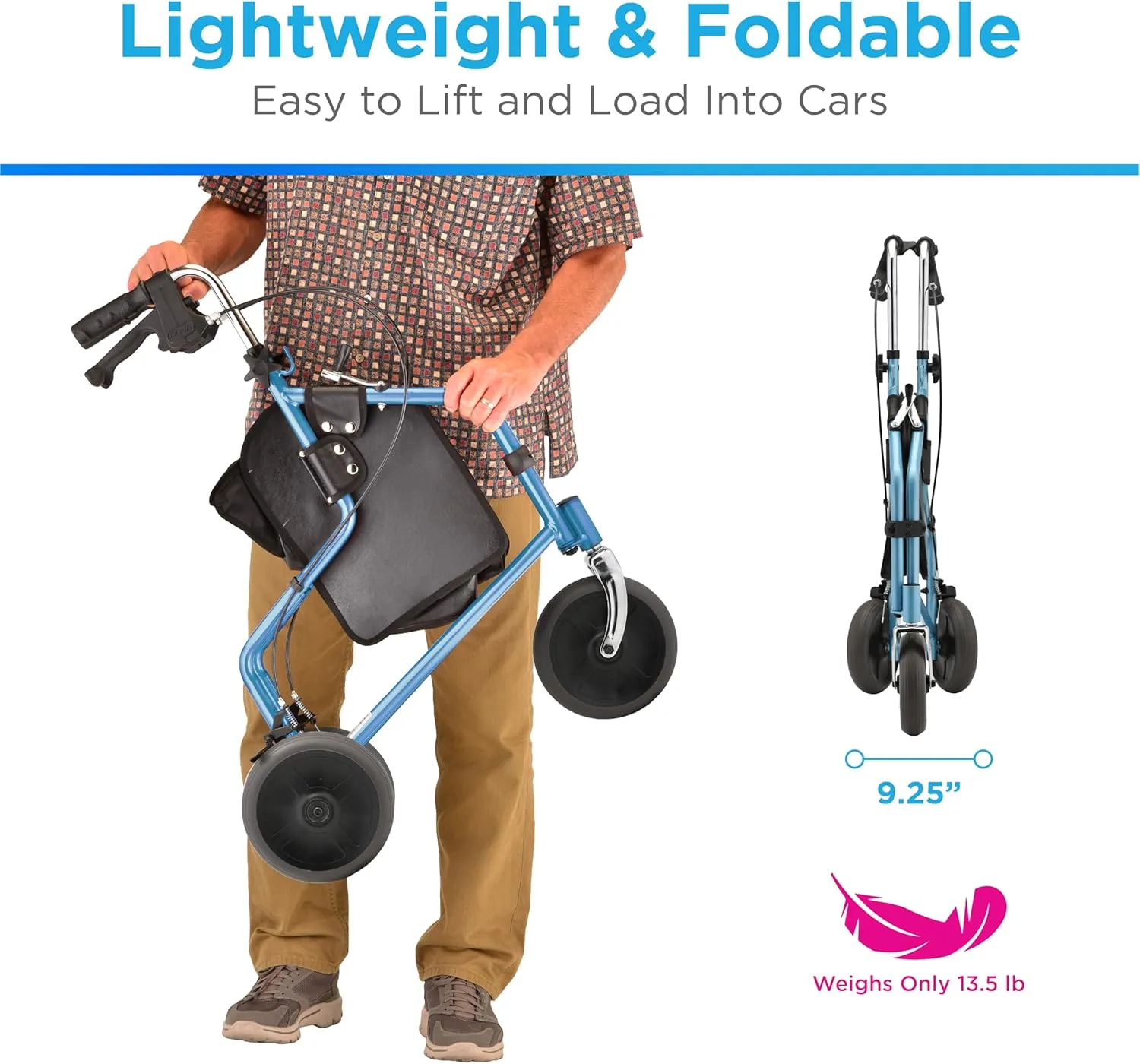 NOVA 3 Wheel Rollator Walker – All Terrain Folding Walker for Seniors, Lightweight Mobility Aid with Bag, Basket & Tray – Adult Rolling Walker with Wheels, Sky Blue