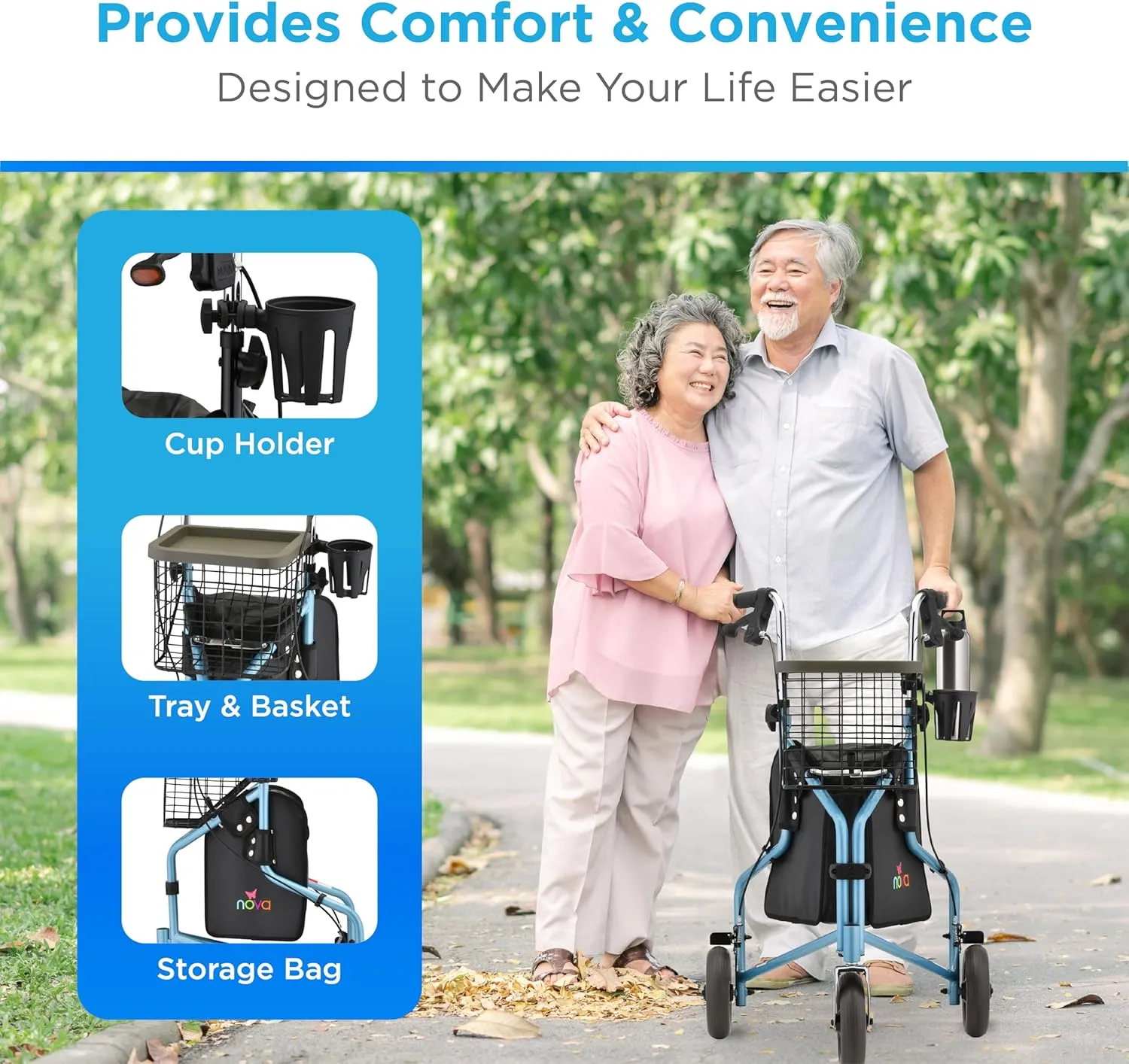 NOVA 3 Wheel Rollator Walker – All Terrain Folding Walker for Seniors, Lightweight Mobility Aid with Bag, Basket & Tray – Adult Rolling Walker with Wheels, Sky Blue