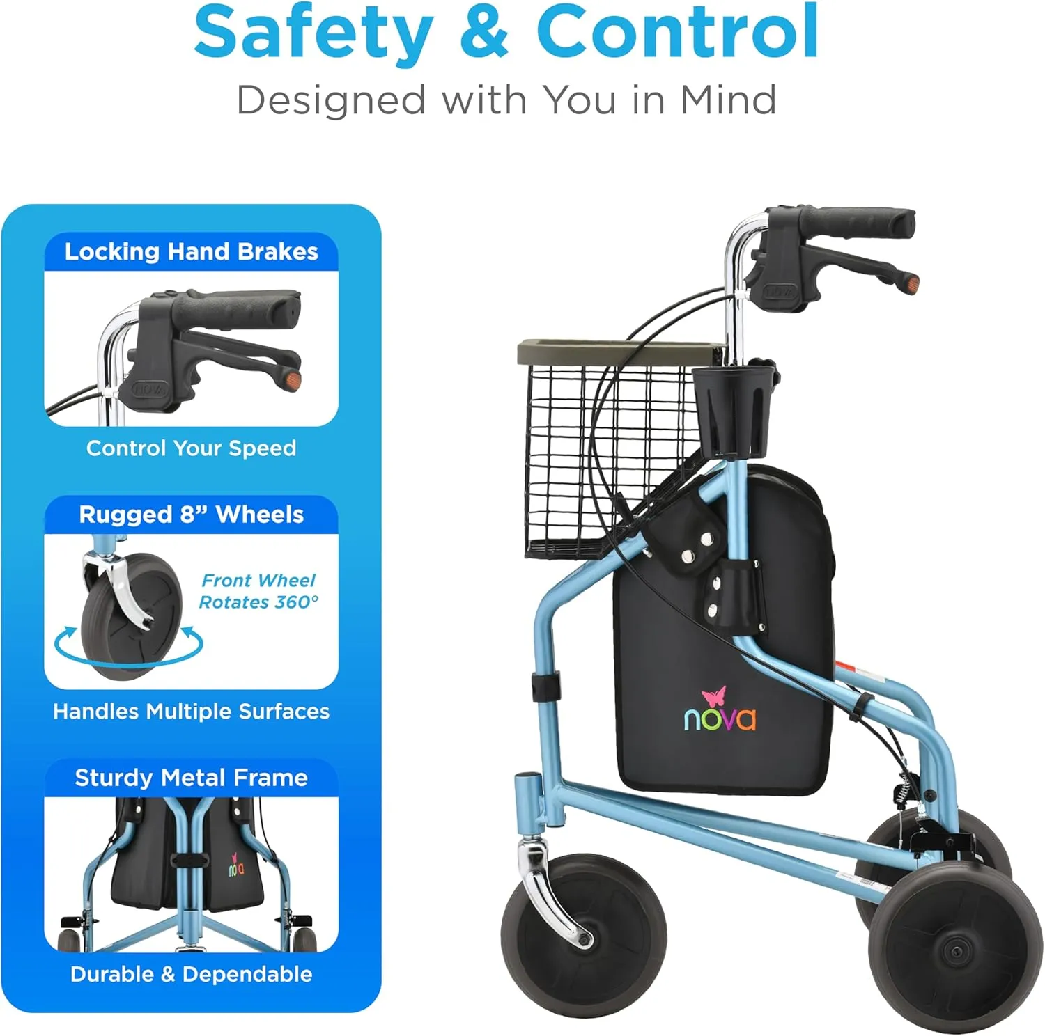NOVA 3 Wheel Rollator Walker – All Terrain Folding Walker for Seniors, Lightweight Mobility Aid with Bag, Basket & Tray – Adult Rolling Walker with Wheels, Sky Blue