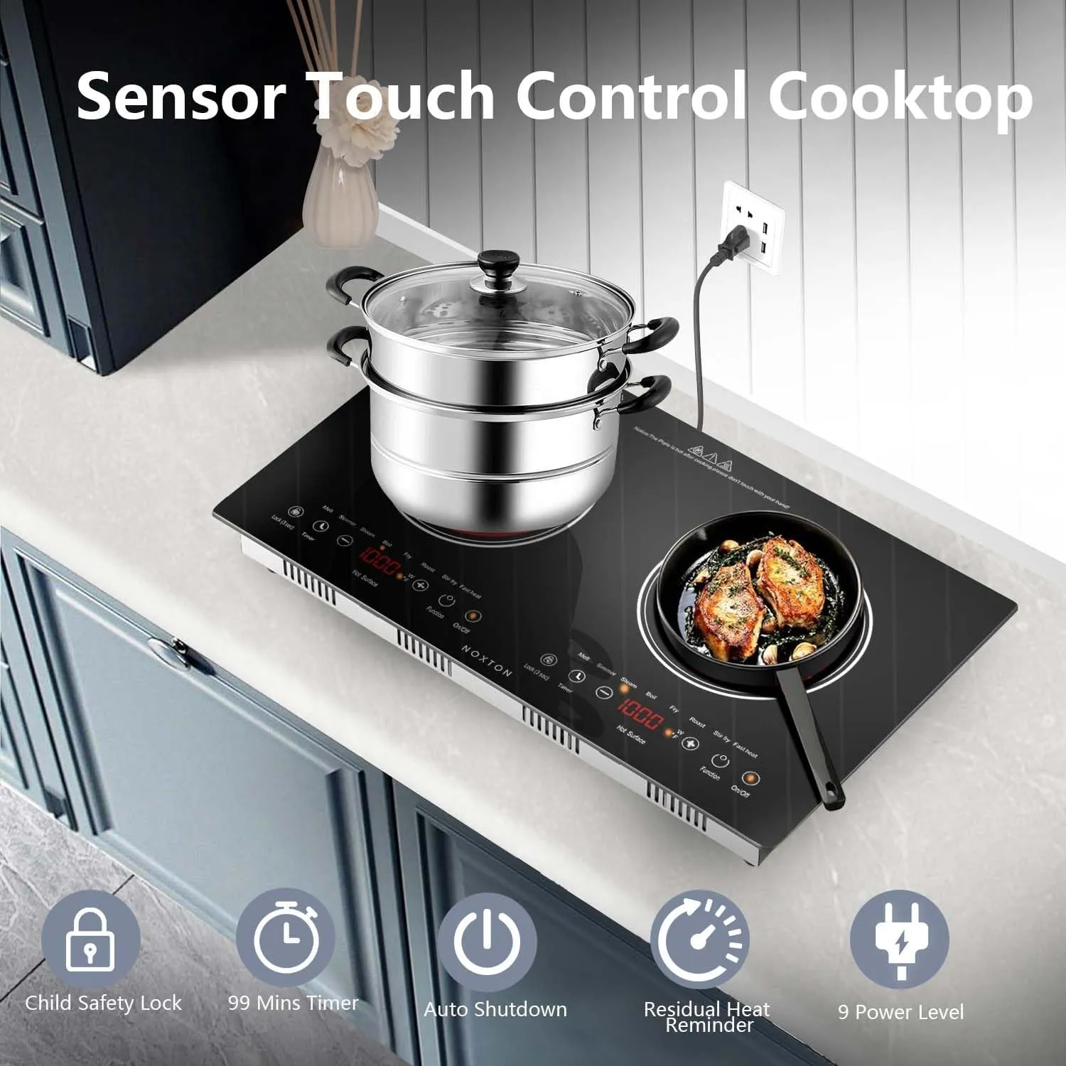 Noxton 2 Burners Electric Cooktop, 24" Built-in & Countertop Stove, Two Burner Ceramic Cooktop with Child Safety Lock, Timer, Touch Sensor Control, Portable 110V Plug-in Cooktop