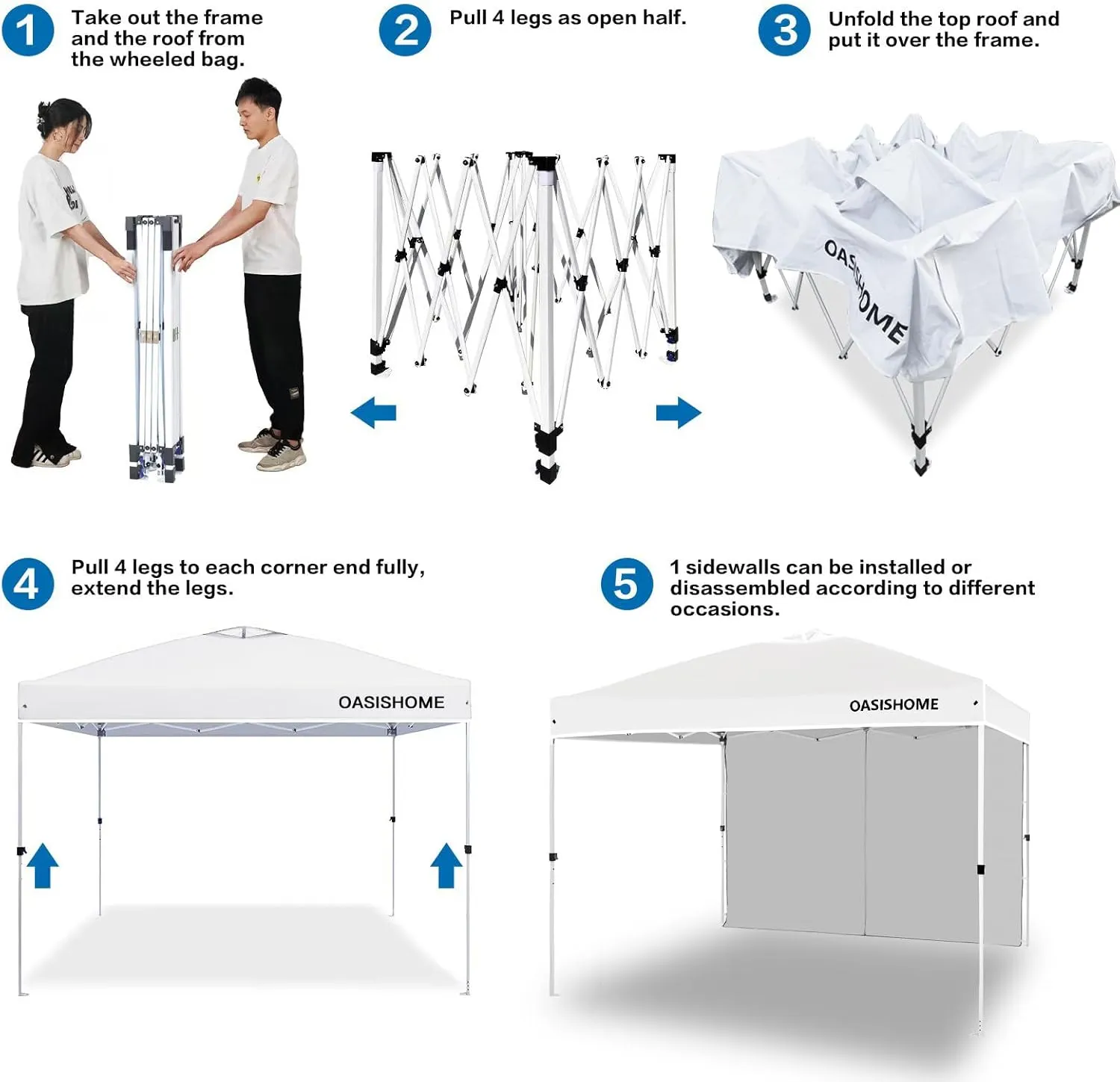 OASISHOME Pop-up Portable Outdoor Canopy Tent 10'x10' Instant Gazebo, with 1 Sidewall, Carry Bag, Stakes, Ropes, for Outdoor/Beach/Patio/Wedding Parties and Commercial Events (10FTx10FT, White)