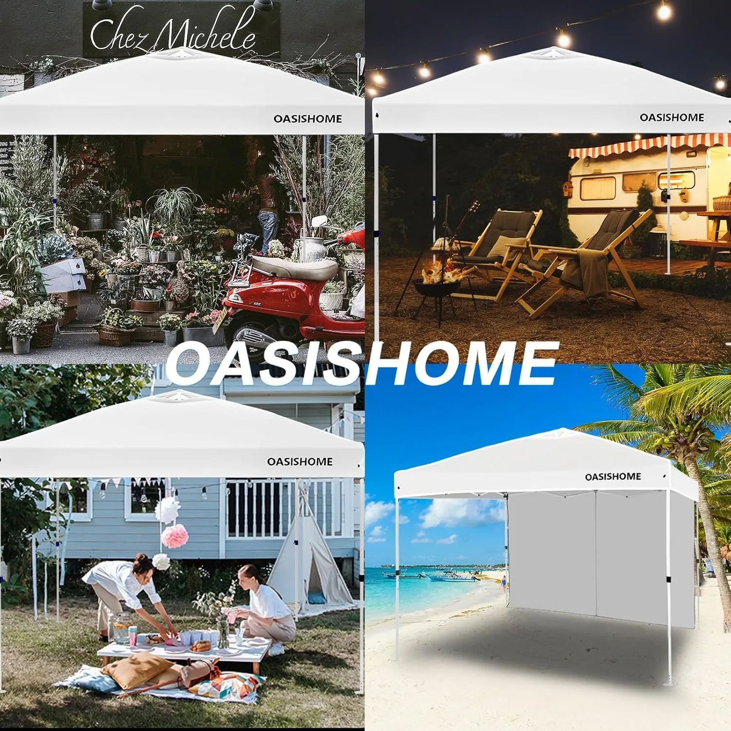 OASISHOME Pop-up Portable Outdoor Canopy Tent 10'x10' Instant Gazebo, with 1 Sidewall, Carry Bag, Stakes, Ropes, for Outdoor/Beach/Patio/Wedding Parties and Commercial Events (10FTx10FT, White)