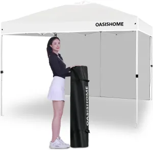OASISHOME Pop-up Portable Outdoor Canopy Tent 10'x10' Instant Gazebo, with 1 Sidewall, Carry Bag, Stakes, Ropes, for Outdoor/Beach/Patio/Wedding Parties and Commercial Events (10FTx10FT, White)