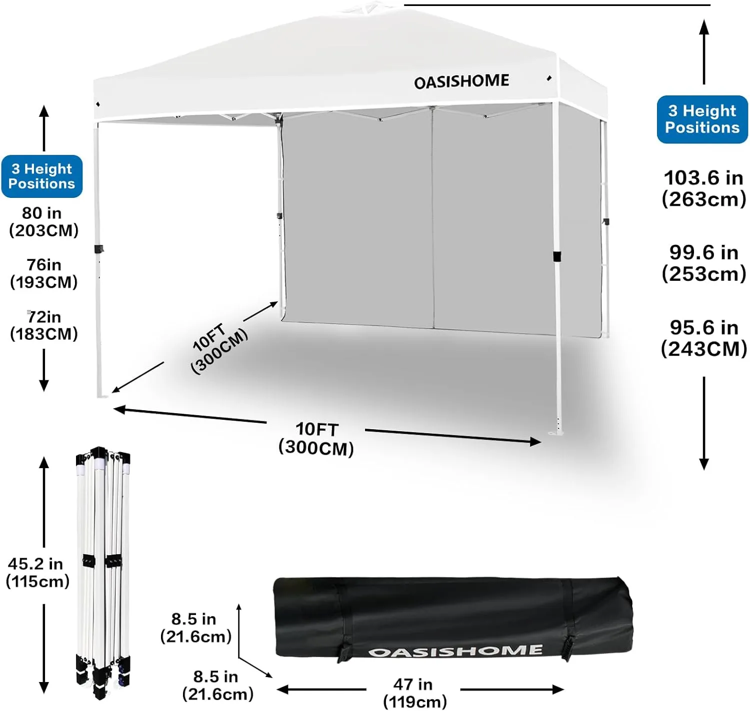 OASISHOME Pop-up Portable Outdoor Canopy Tent 10'x10' Instant Gazebo, with 1 Sidewall, Carry Bag, Stakes, Ropes, for Outdoor/Beach/Patio/Wedding Parties and Commercial Events (10FTx10FT, White)