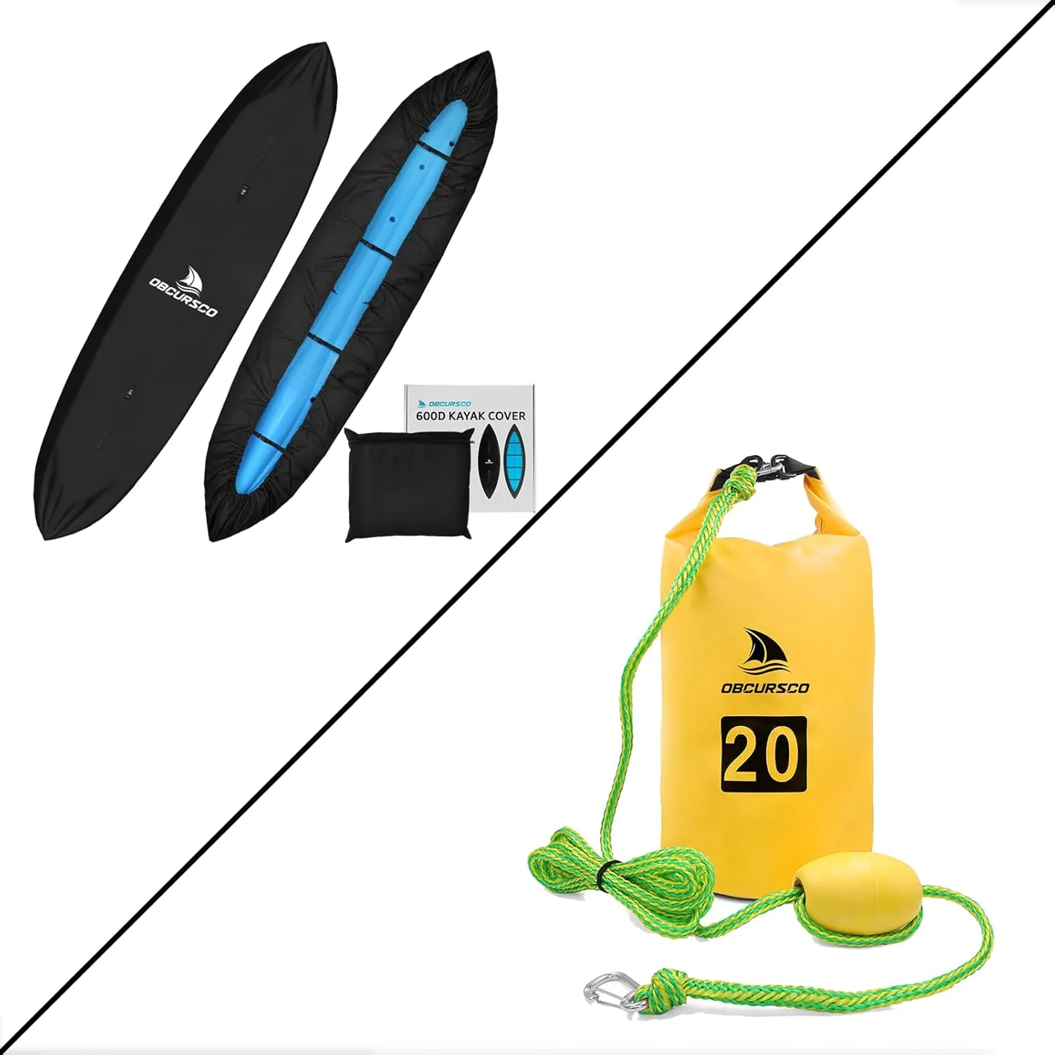 Obcursco 600D Kayak Cover Waterproof, 12,.3-13,5FT Thickened UV-Proof and 20L Jet Ski Anchor Kit PWC Anchor 2 in 1 Sand Bag
