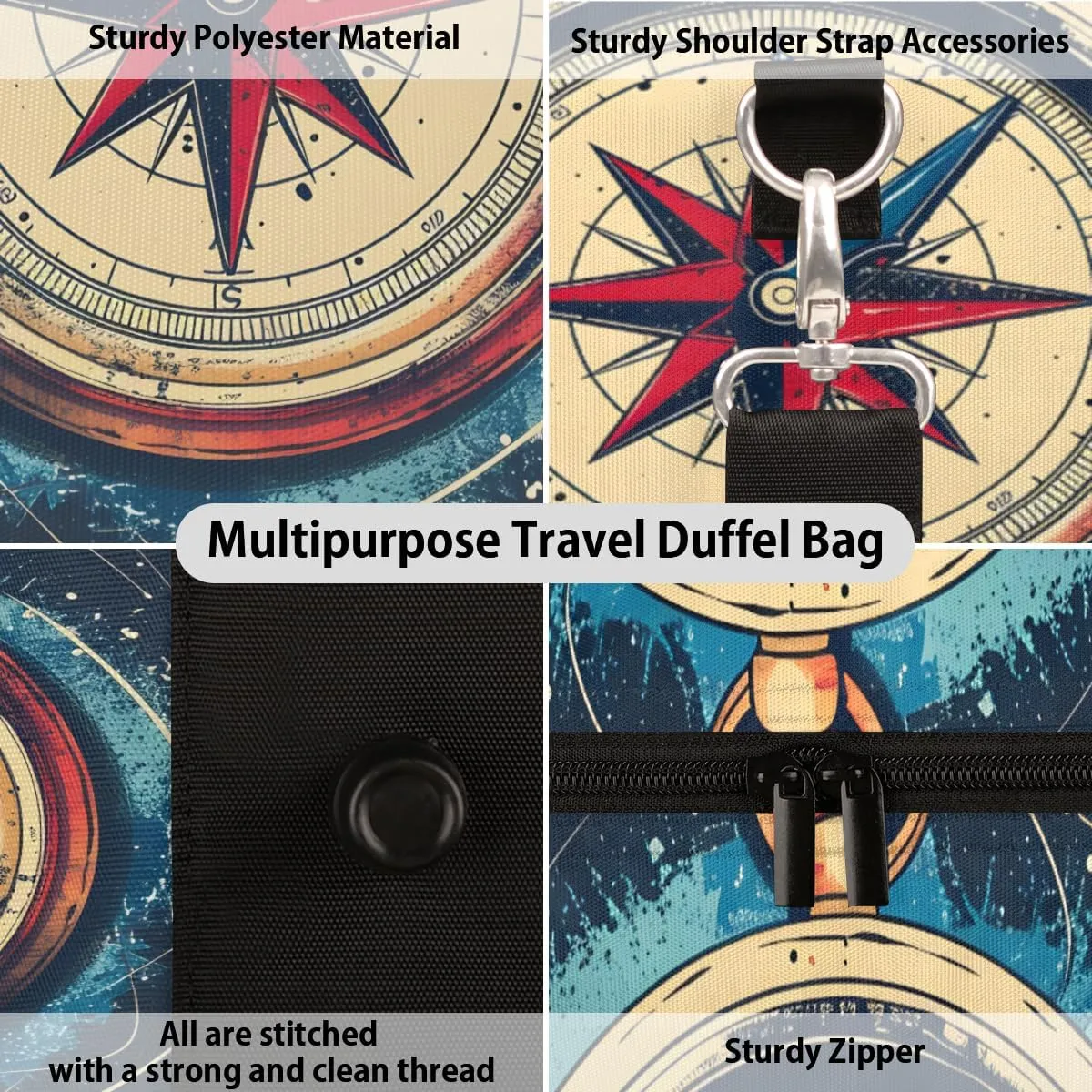 Ocean Compass Travel Duffle Bag for Women Men Gym Duffel Foldable Bag Waterproof Weekender Modern Print Duffle Tote