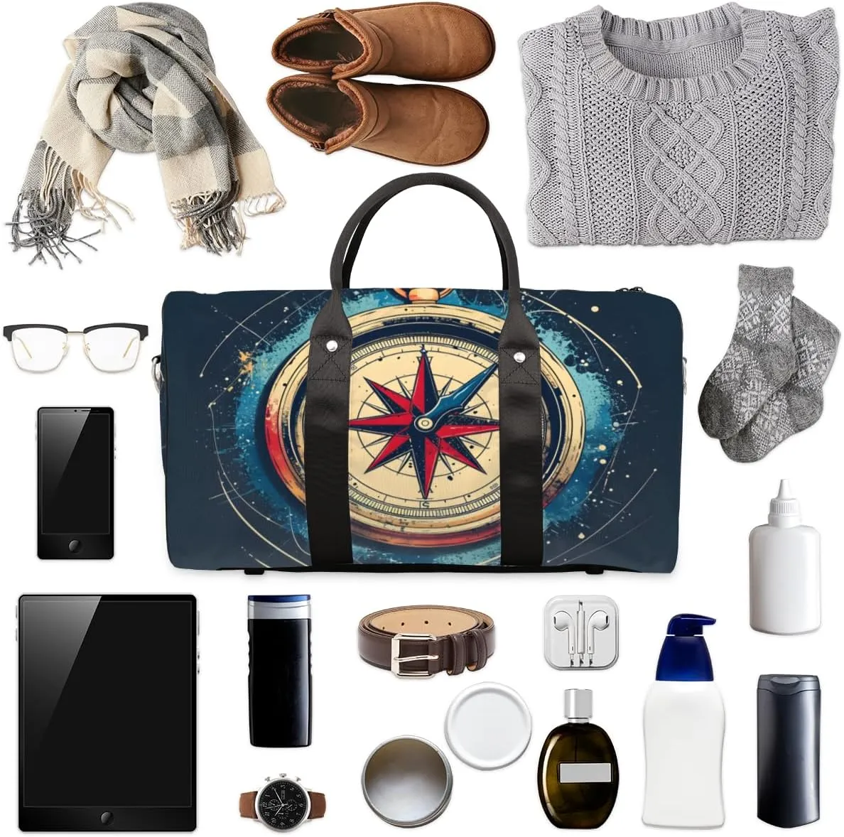 Ocean Compass Travel Duffle Bag for Women Men Gym Duffel Foldable Bag Waterproof Weekender Modern Print Duffle Tote