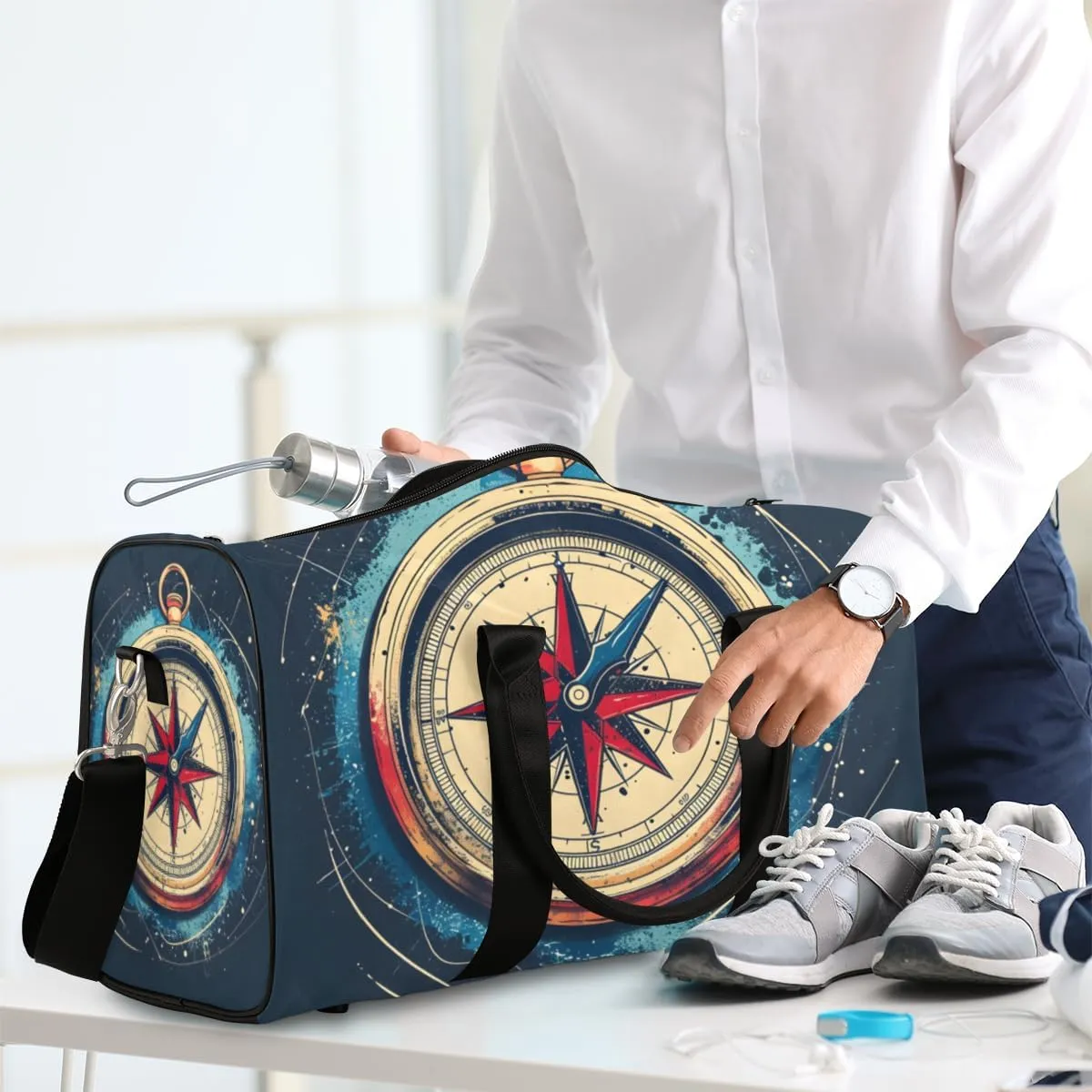 Ocean Compass Travel Duffle Bag for Women Men Gym Duffel Foldable Bag Waterproof Weekender Modern Print Duffle Tote