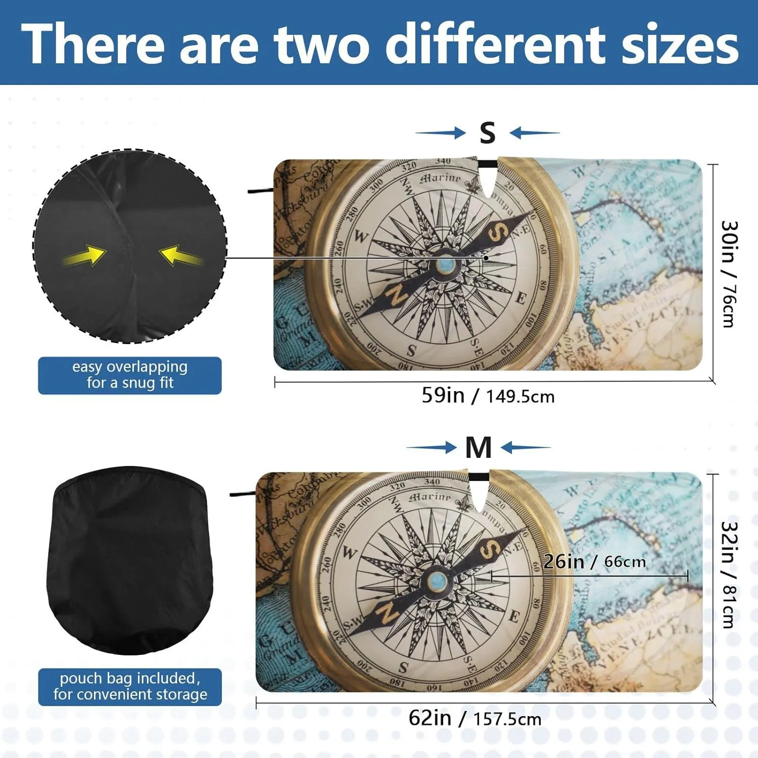 Old Retro Compass on Old Map Travel Geography Navigation Custom Auto Car Front Sunshade, Windshield Automobile Foldable Sunshade Cover with Storage Bag, Summer Heat Protection (Small)