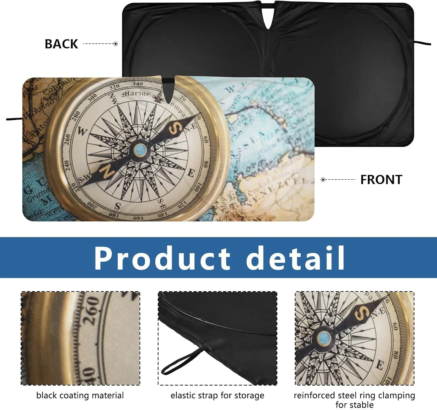 Old Retro Compass on Old Map Travel Geography Navigation Custom Auto Car Front Sunshade, Windshield Automobile Foldable Sunshade Cover with Storage Bag, Summer Heat Protection (Small)